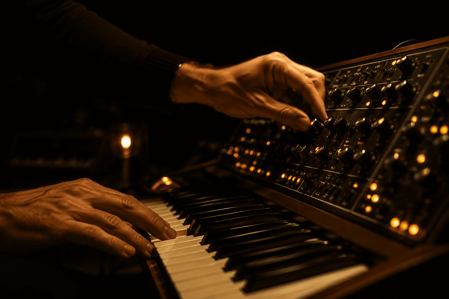 Hands adjusting a knob on an analogue synthesizer, lit in warm amber light